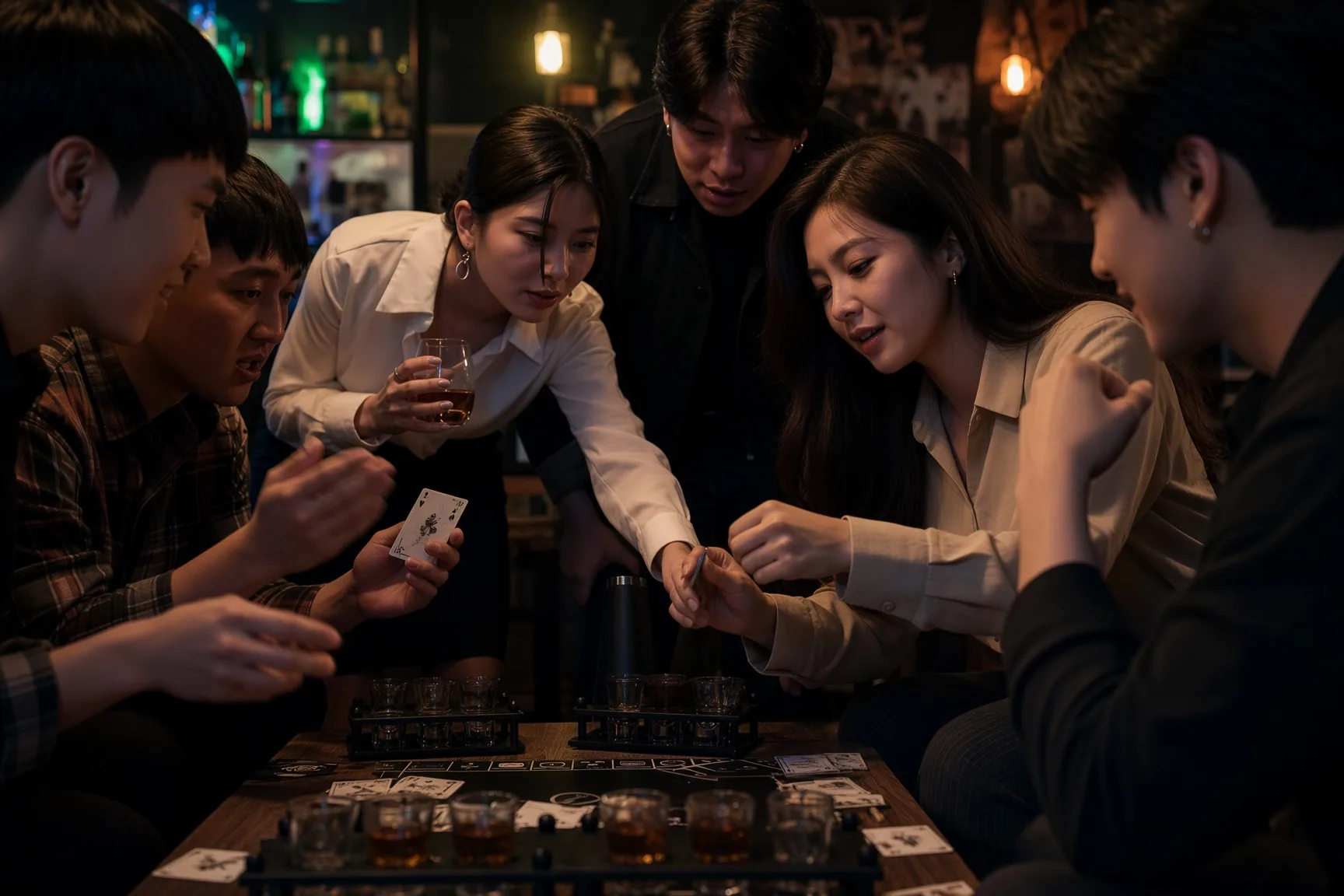 酒吧局：一群人圍著桌子，牌與 shot 杯攤了一桌